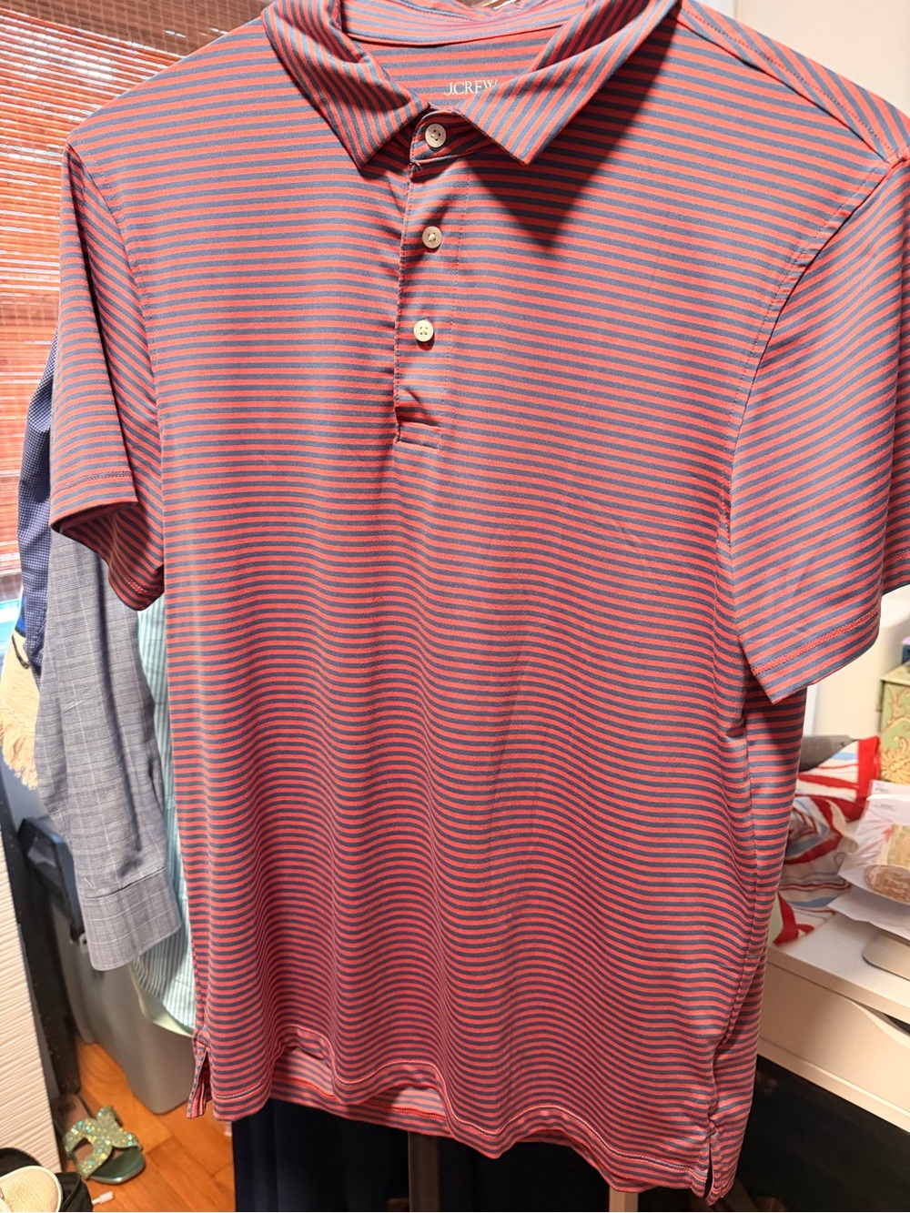 J. Crew Striped Deep Coral and Blue Men's Polo